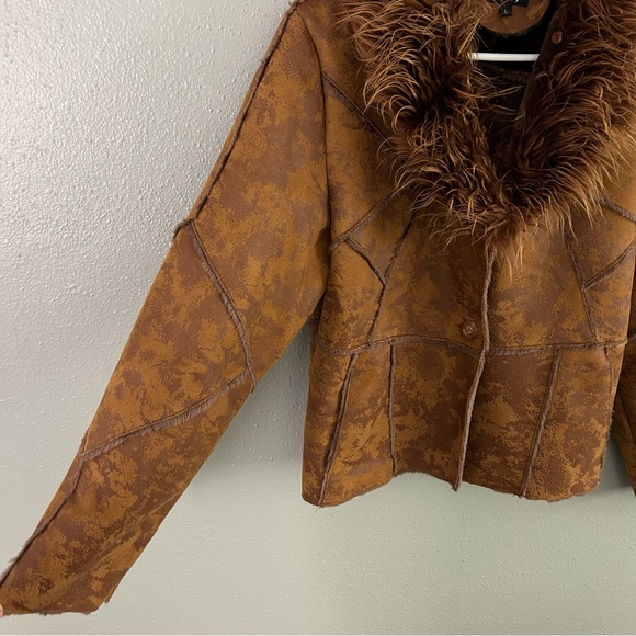 Kaity Brown Faux Fur Collar Vegan Leather Patchwork Coat Sz L Penny Lane Jacket - Picture 4 of 11